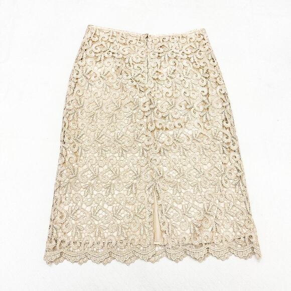 Marina Lace Scalloped Hem Skirt Cream Gold Back Slit Size M - Picture 2 of 6